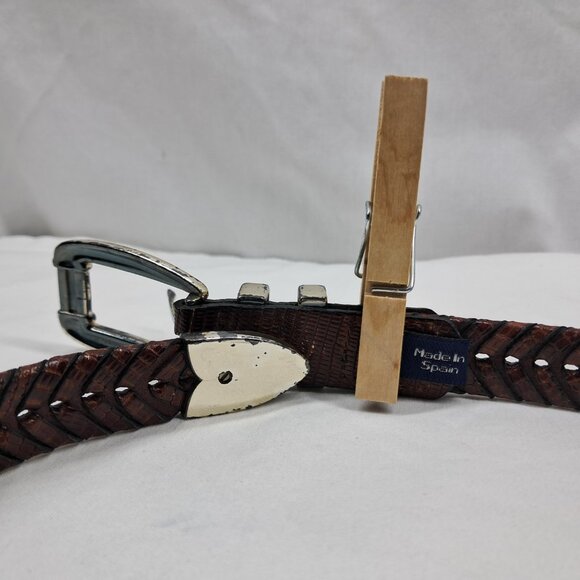 Cale Braided Leather Brown Belt with Silver Tone Hardware Made in Spain - Picture 5 of 6